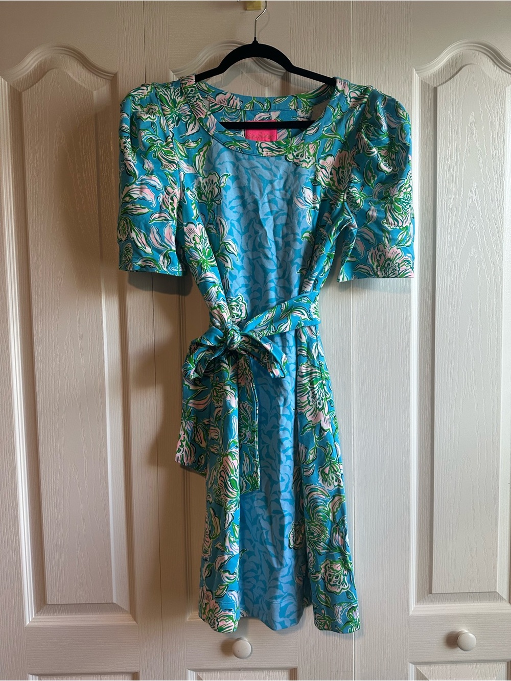 Lilly Pulitzer Blue Floral Tie-Waist Dress with Pink & Green Accents